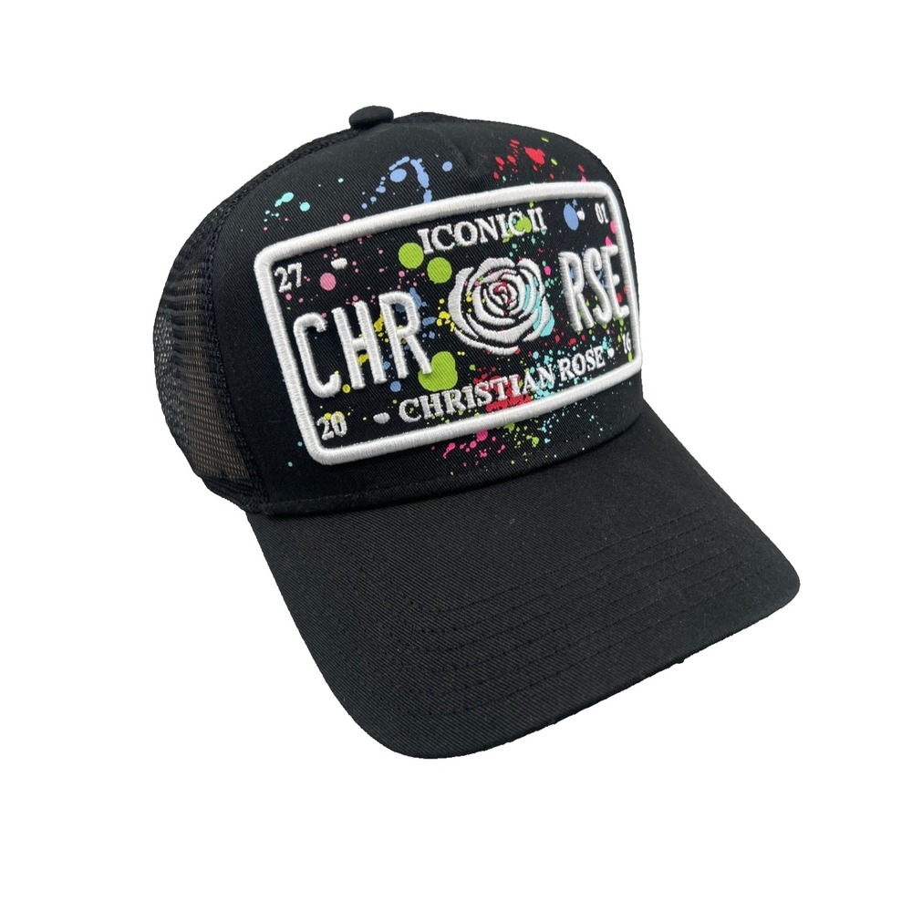 Christian Rose Iconic II Trucker Hat Size OSFM Black Paint Splatter Streetwear